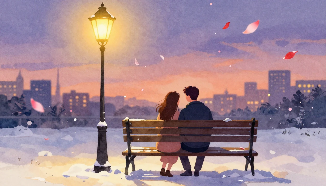 A romantic illustration of a couple sitting on a vintage par...