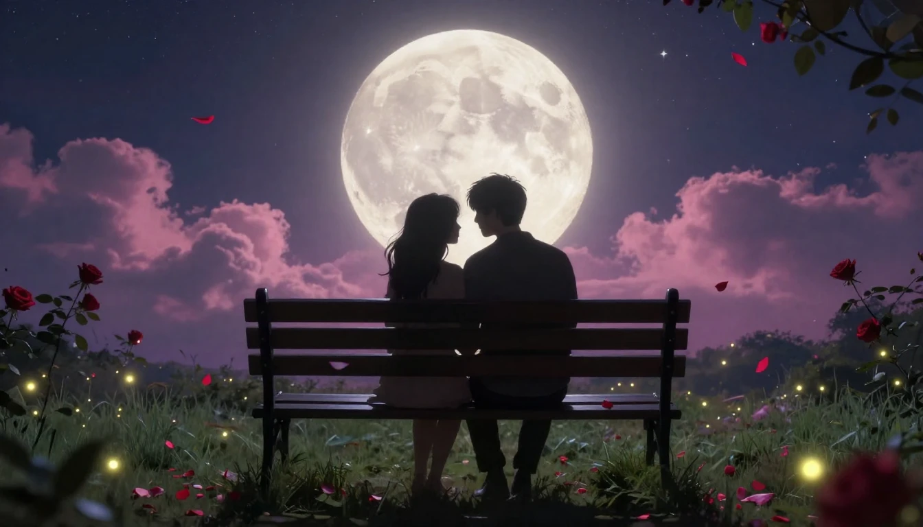 A romantic scene featuring a silhouette of a couple sitting ...