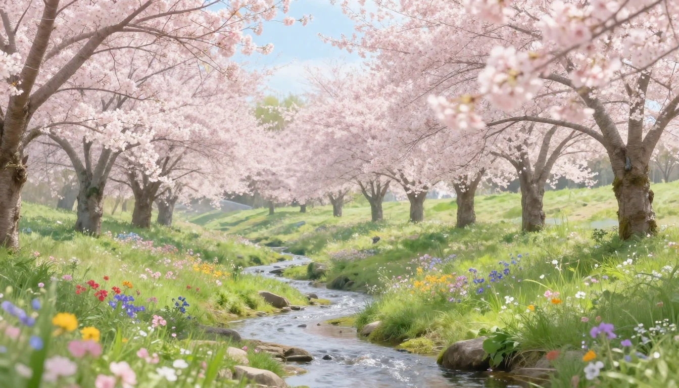 A serene landscape featuring a lush meadow filled with bloom...