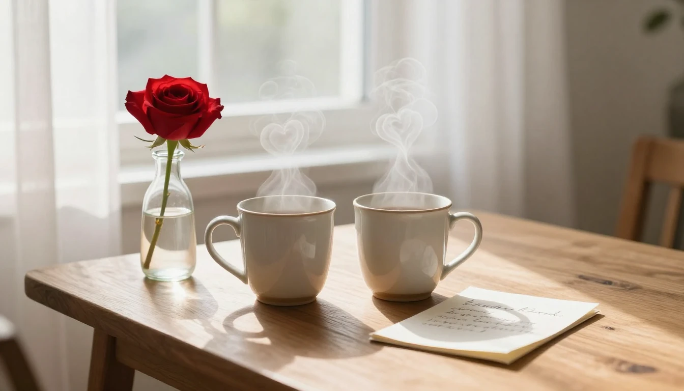 A cozy, romantic scene featuring a wooden table by a window ...