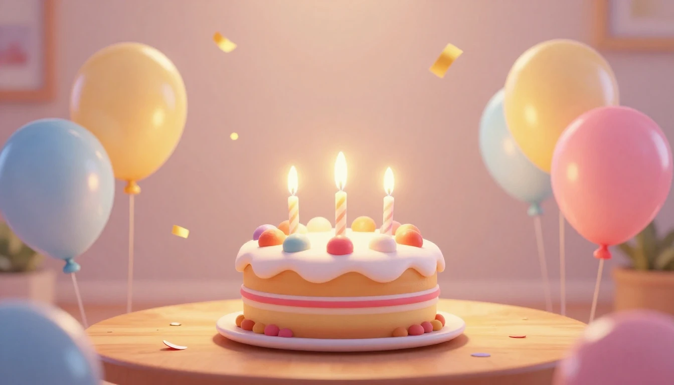 A warm and joyful birthday celebration scene in a cute 3D an...