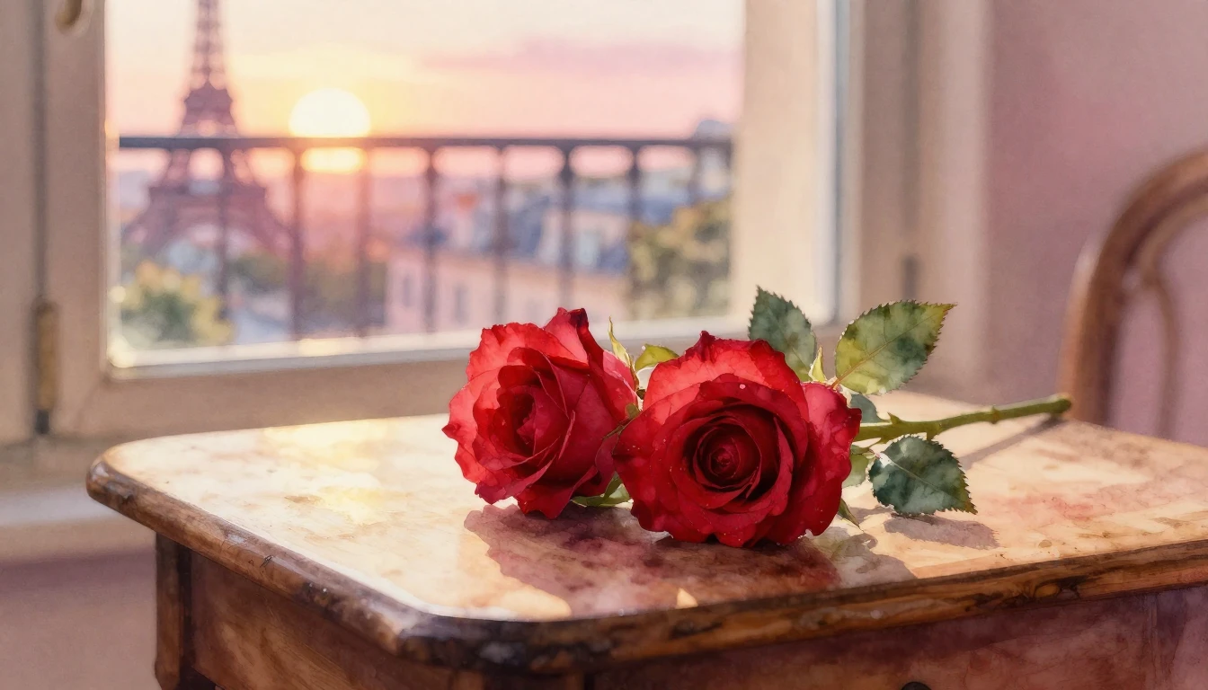 A delicate watercolor painting of two intertwined red roses ...