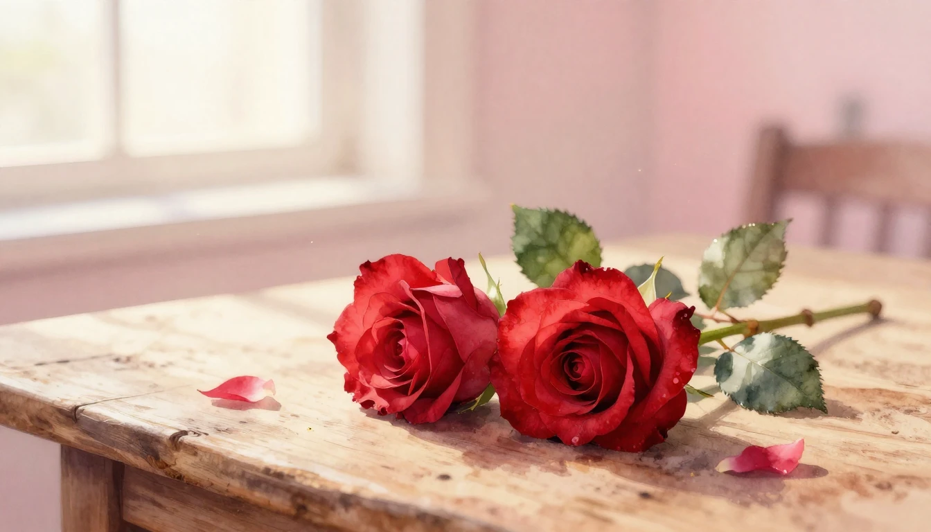 A beautiful watercolor painting of two delicate red roses in...