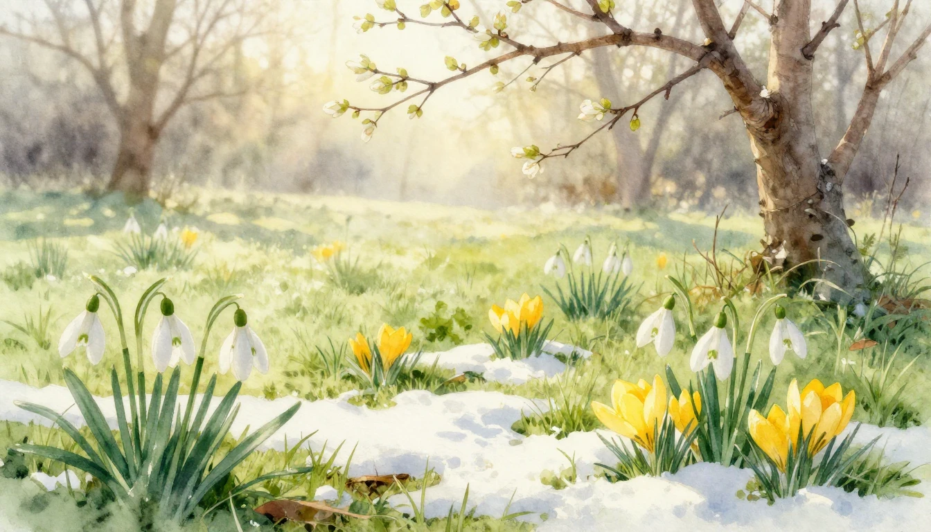 A delicate watercolor painting capturing the first signs of ...