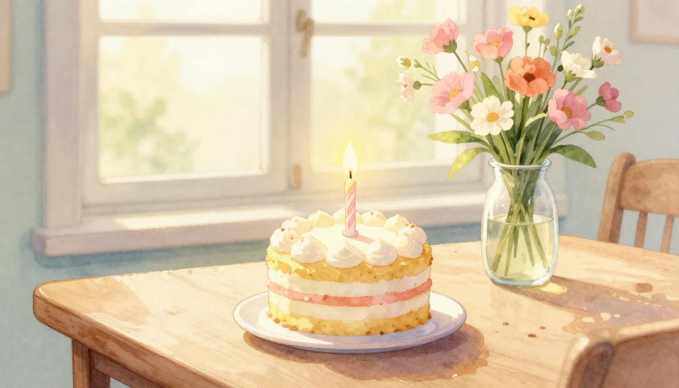 A heartwarming watercolor illustration of a small birthday c...