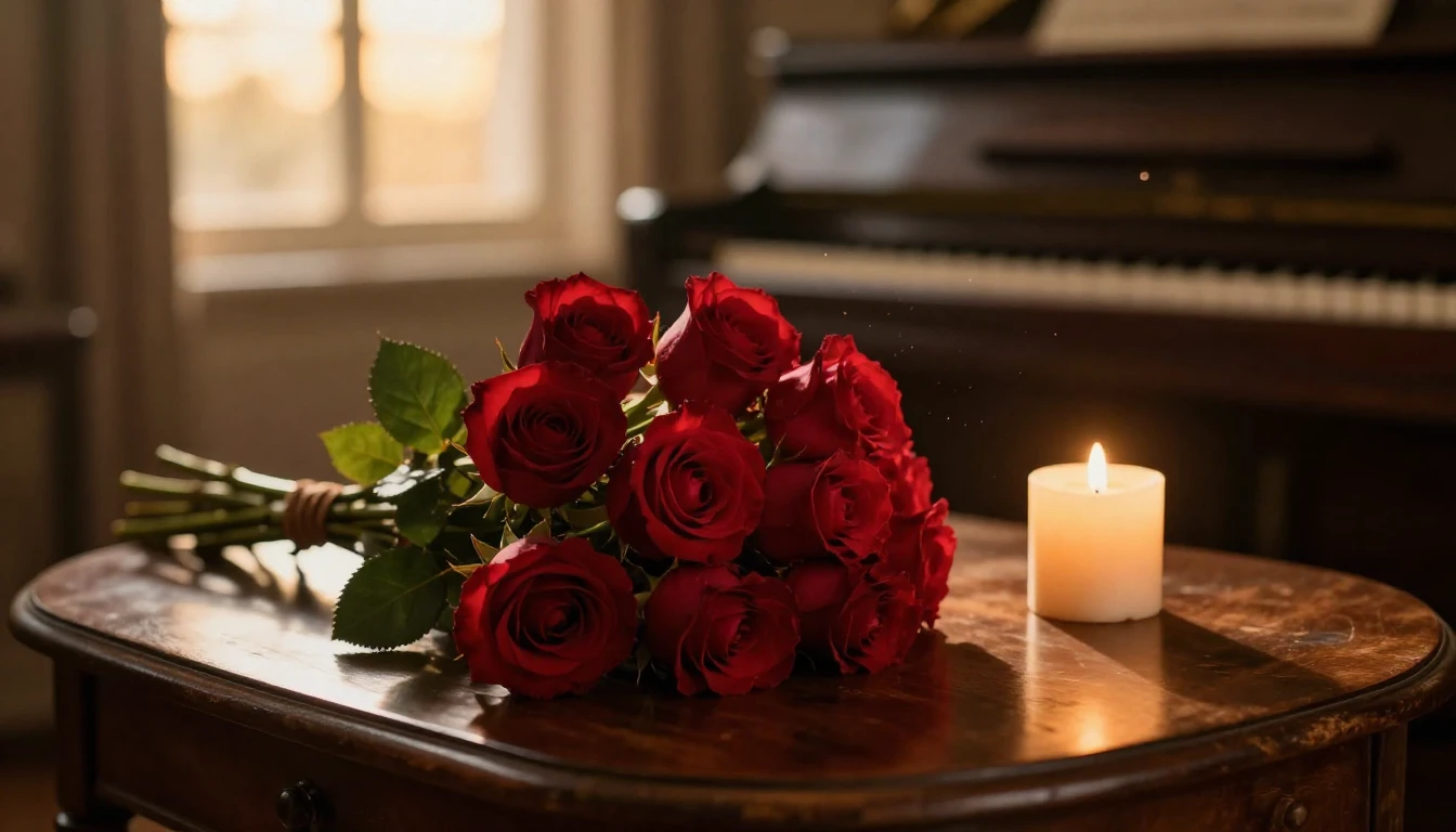 A close-up, high-detail shot of a beautiful bouquet of deep ...