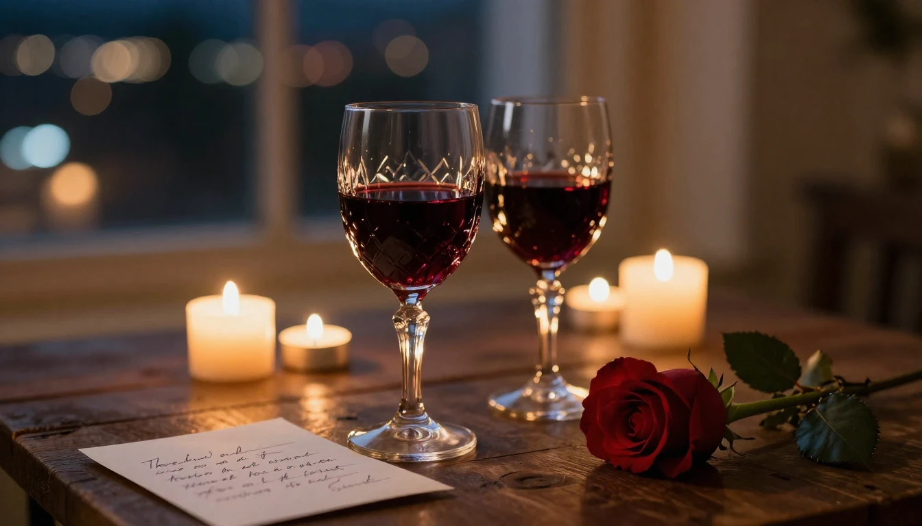 A close-up, intimate composition of a romantic evening setti...