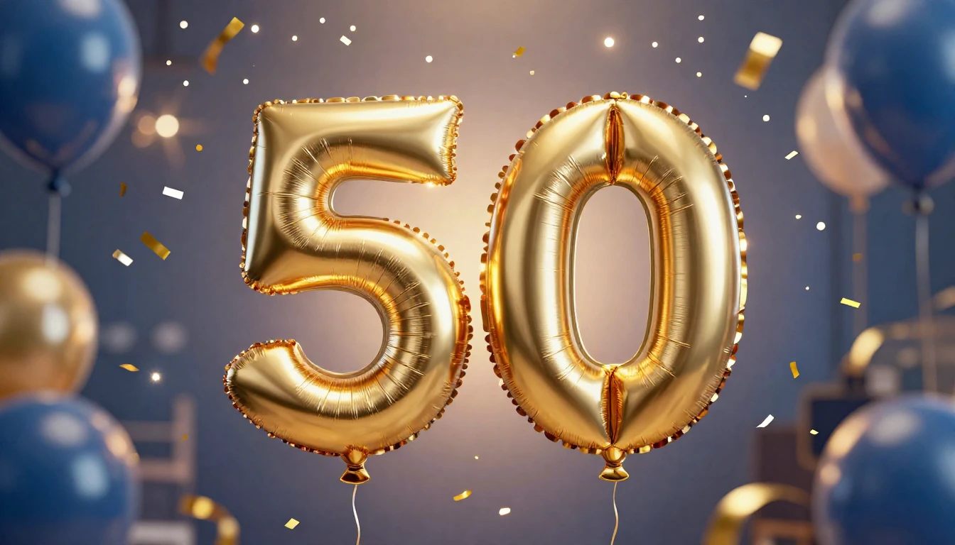 A vibrant and elegant design celebrating a 50th birthday. In...