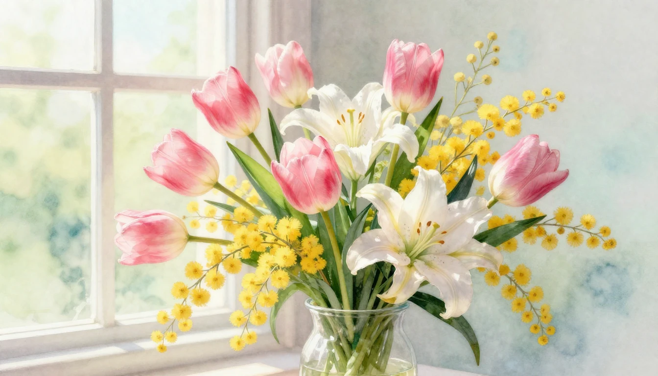 A vibrant and delicate watercolor painting of a lush spring ...