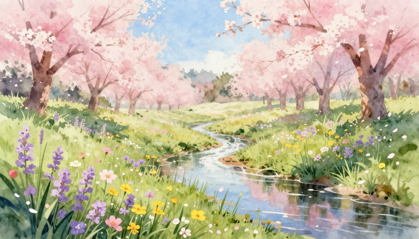 A beautiful watercolor painting of a lush spring meadow fill...