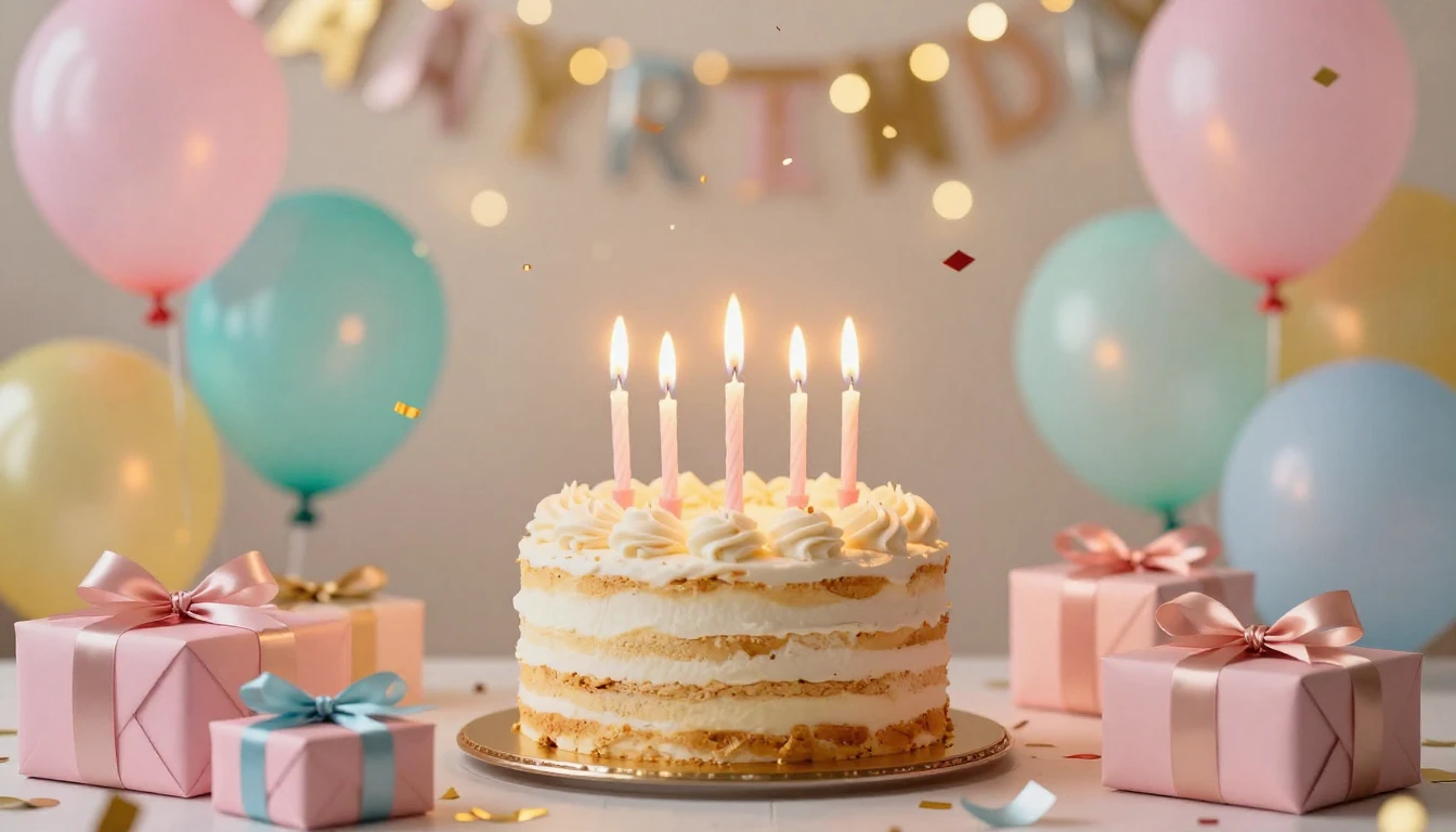 A bright and festive birthday celebration scene, centered on...