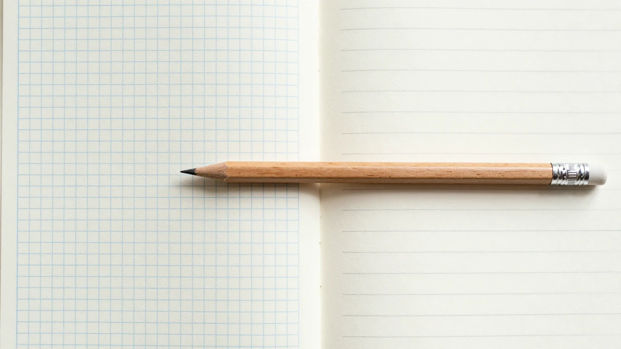 A clean, minimalist top-down view of an open notebook with a...