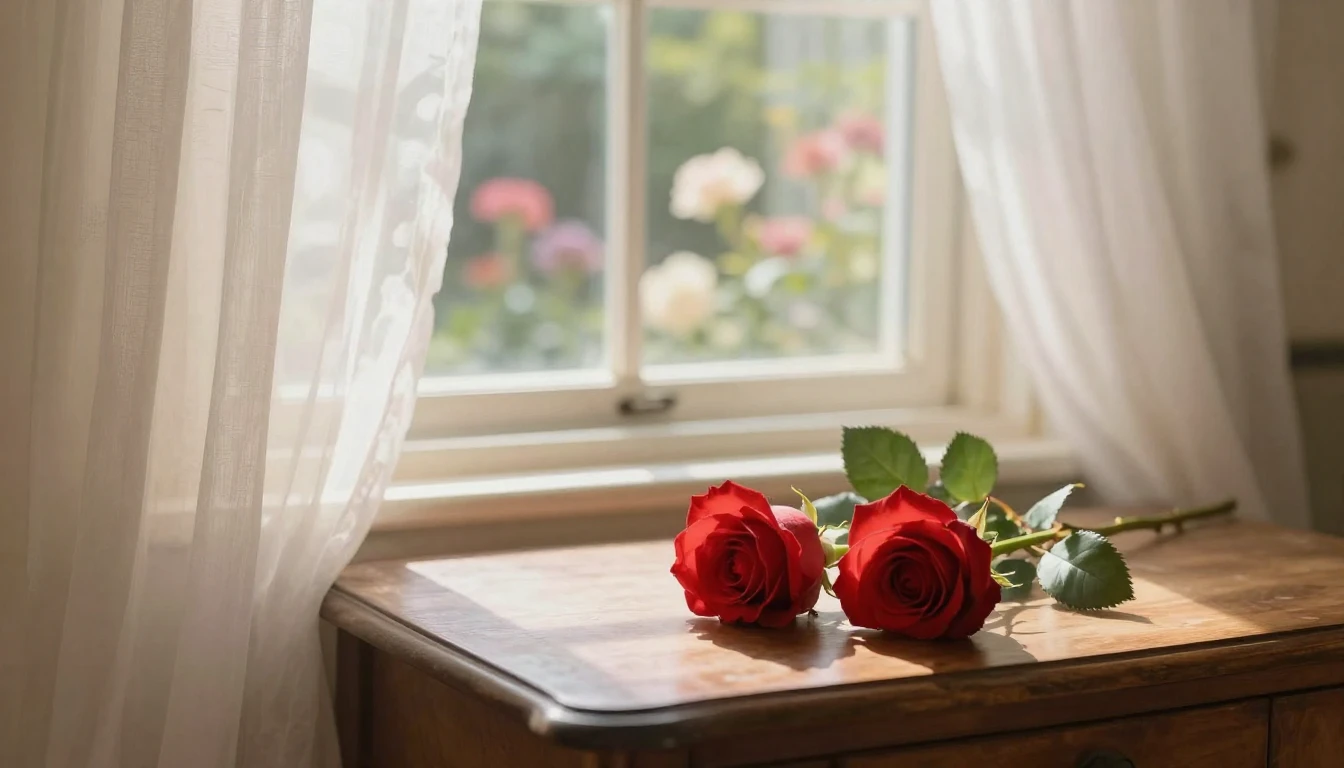 A beautiful and romantic scene featuring two delicate red ro...