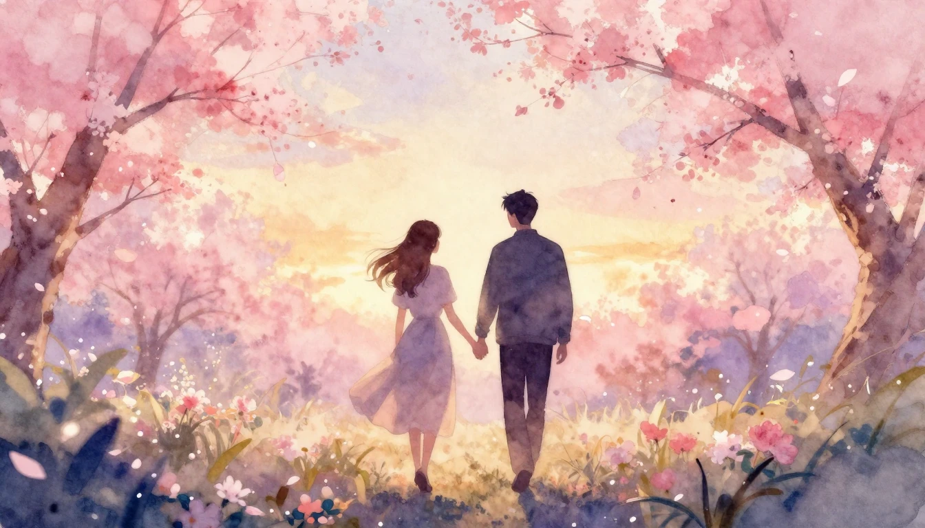 A soft watercolor painting of two silhouettes walking hand-i...