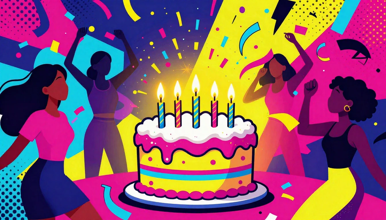 A vibrant and energetic pop art style illustration of a birt...