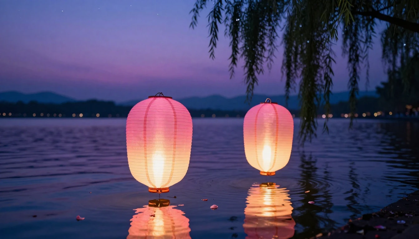 A beautiful and romantic scene featuring two glowing paper l...
