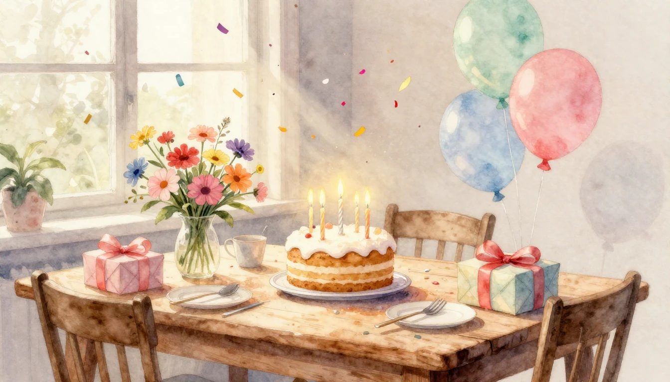 A heartwarming watercolor painting of a cozy birthday celebr...