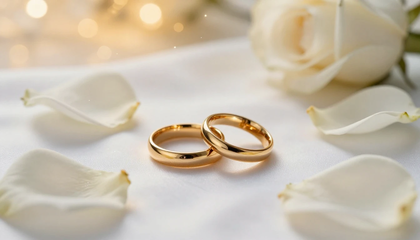 Close-up of two golden wedding rings resting on a bed of sof...