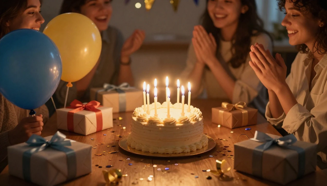A warm and joyful birthday celebration scene. A beautiful bi...