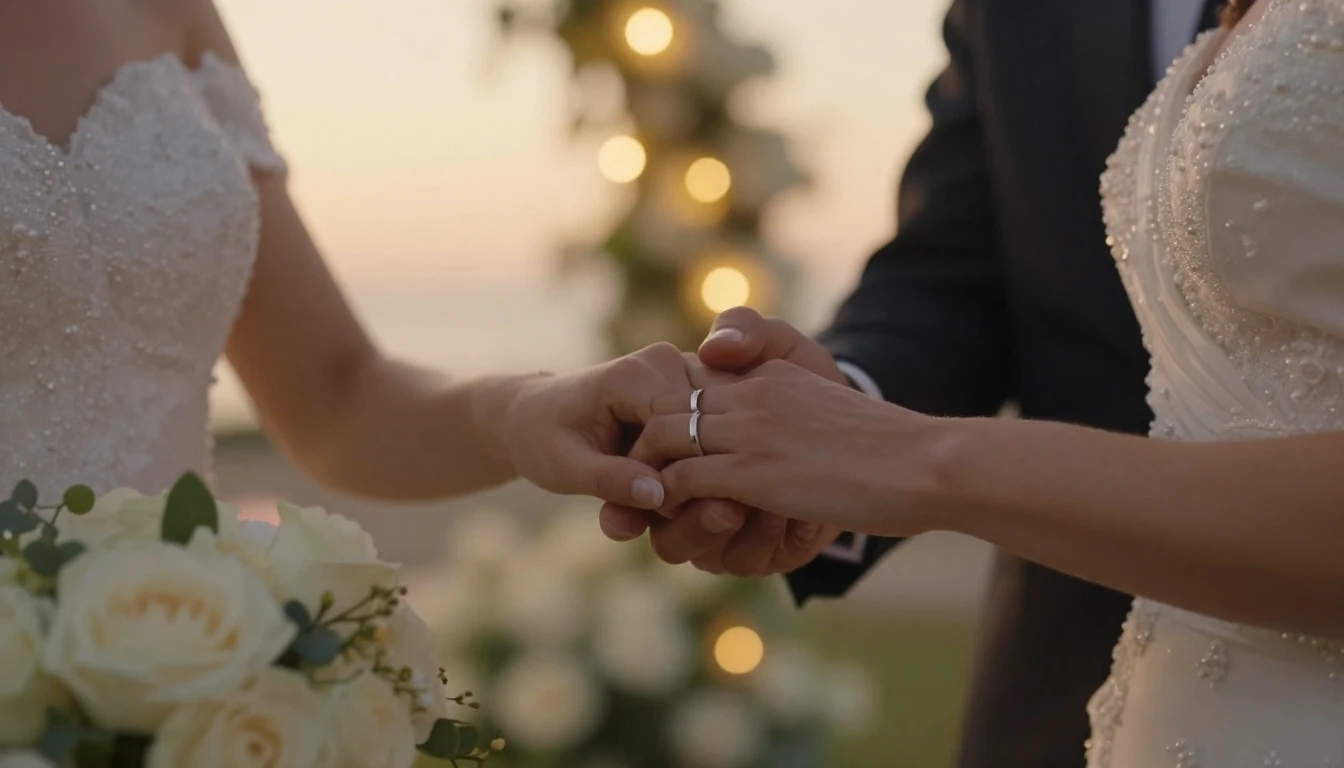 A cinematic close-up shot of a bride and groom holding hands...