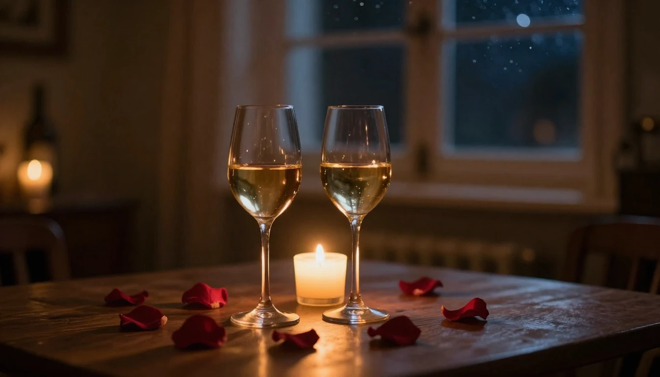 A cozy, dimly lit room during a quiet evening. On a wooden t...