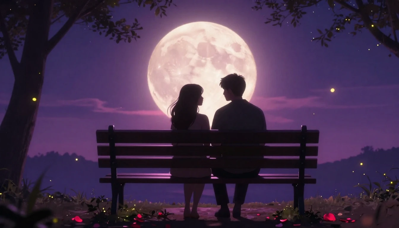 A romantic and dreamy scene featuring two silhouettes sittin...