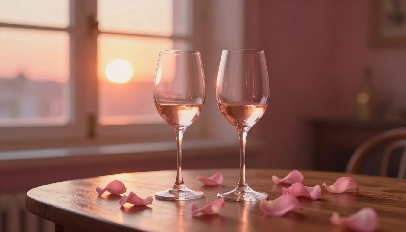 A dreamy and romantic scene featuring two elegant wine glass...