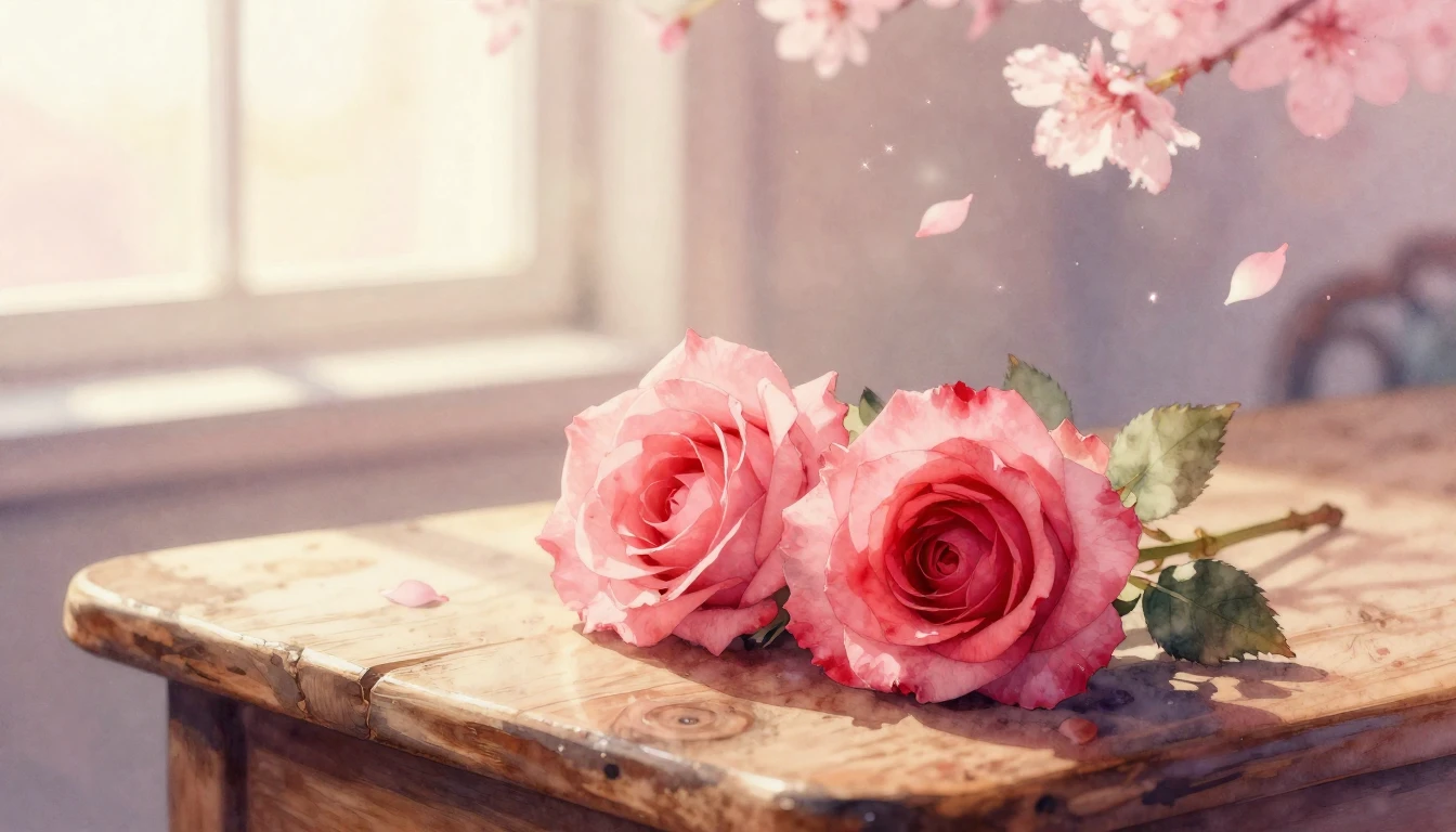 A delicate watercolor painting of two intertwined roses rest...