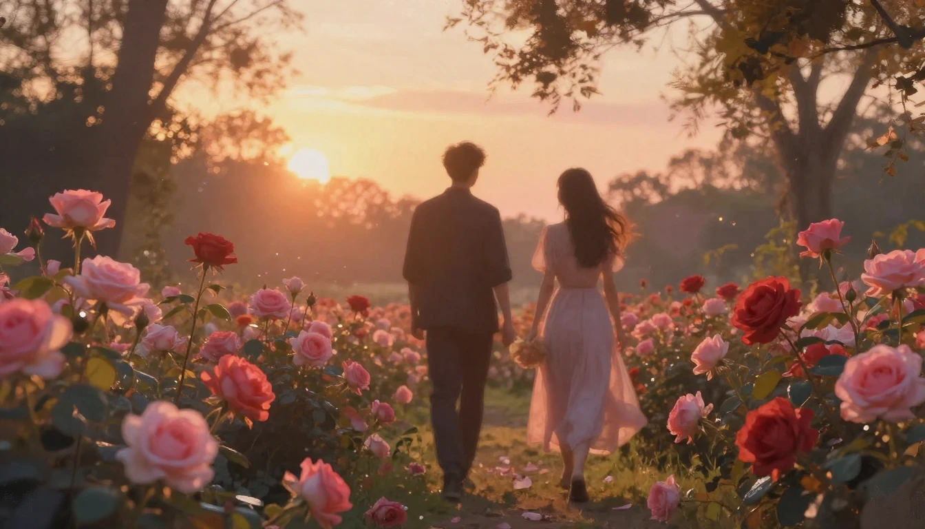 A dreamy and ethereal scene of two silhouettes walking throu...