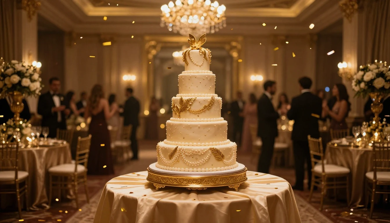 A luxurious banquet hall setting with warm golden lighting. ...
