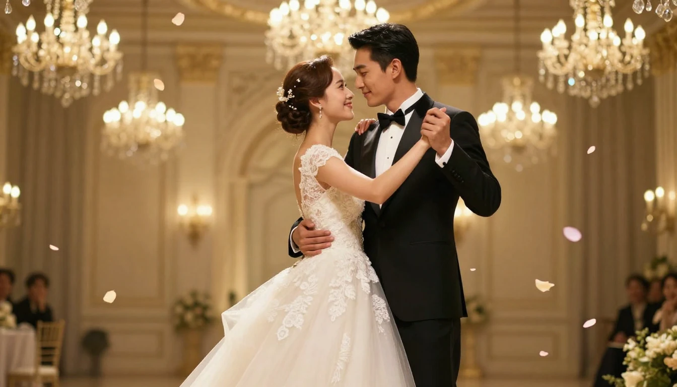 Cinematic shot of a bride and groom performing their first d...