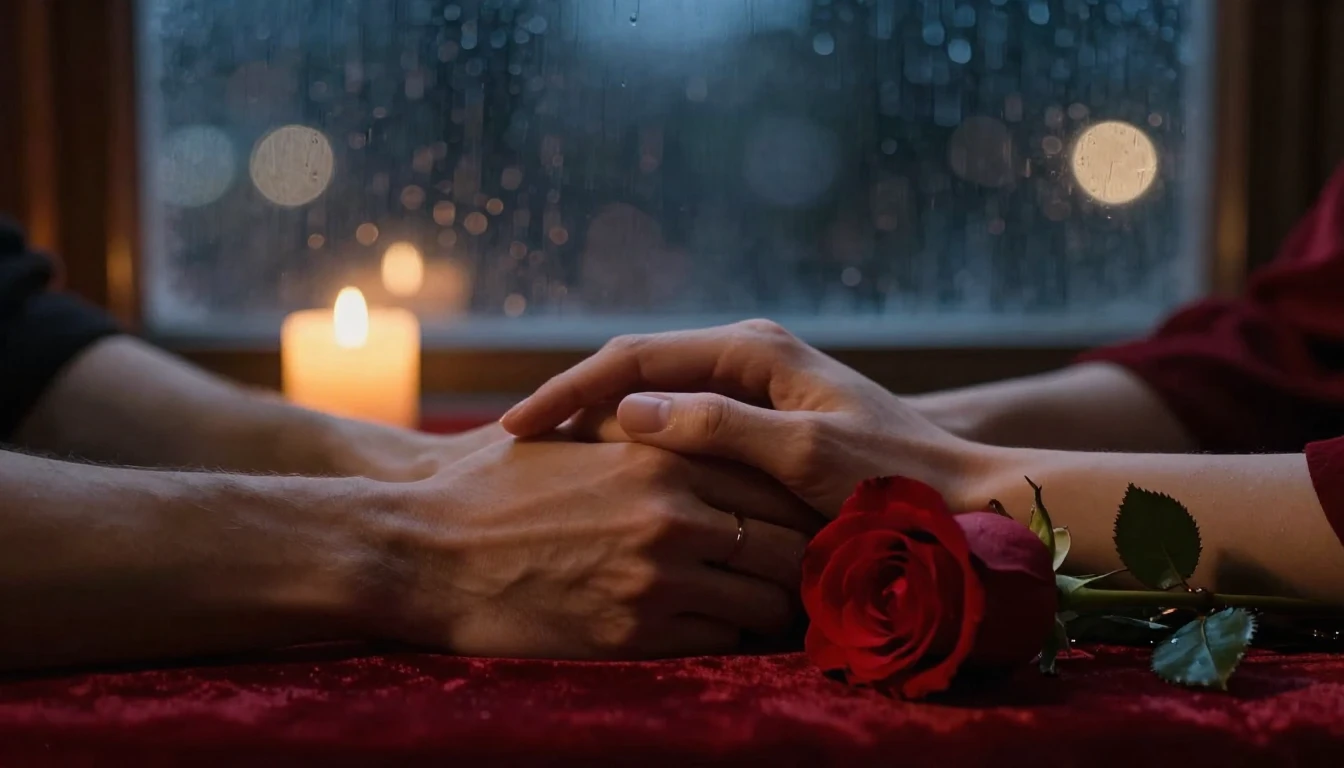 A romantic and intimate close-up scene featuring two hands g...