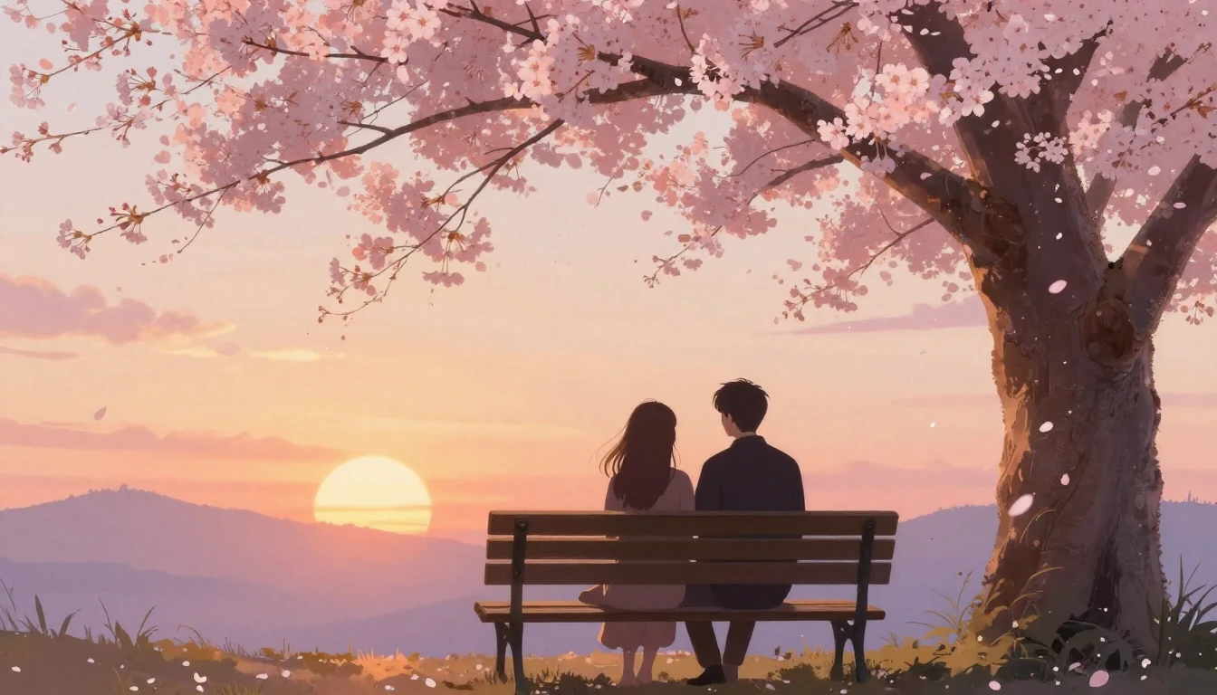A romantic and dreamy scene depicting two silhouettes sittin...