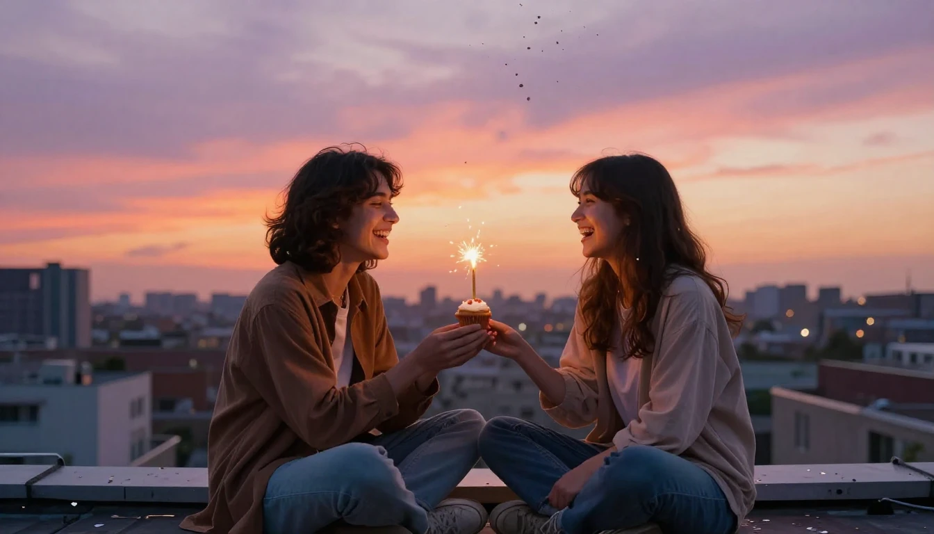Two best friends sitting side by side on a rooftop at golden...