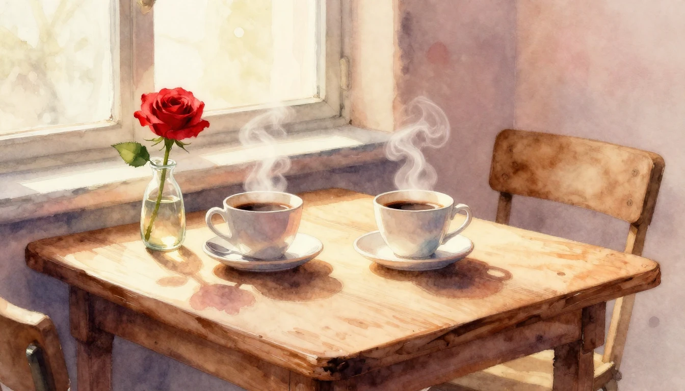A soft and romantic watercolor painting depicting a cozy Val...