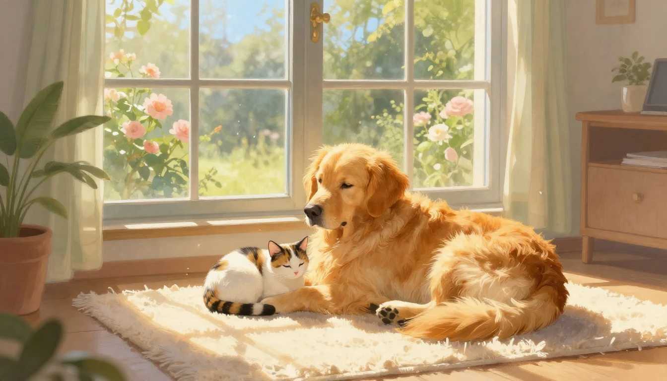 A beautiful and soft illustration of a cozy living room sun-...