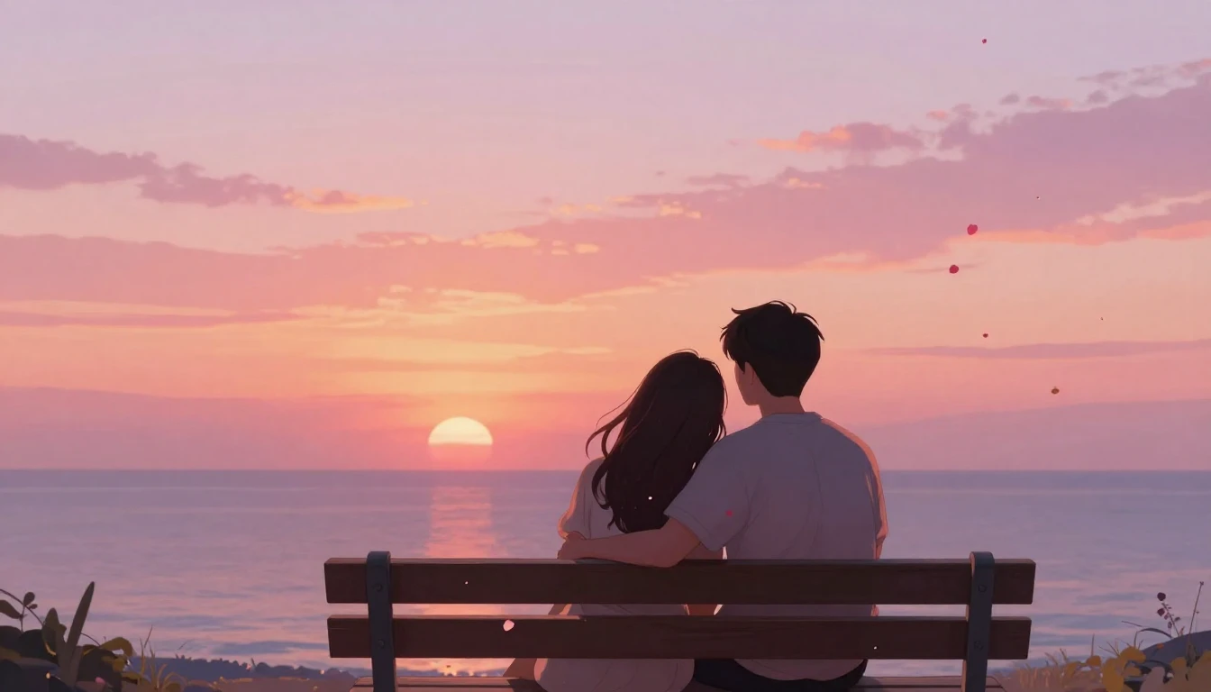 A romantic and dreamy illustration of a couple sitting close...