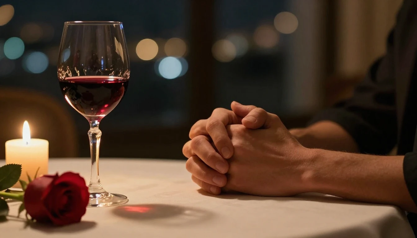 A close-up, cinematic shot of two hands intertwined on a tab...