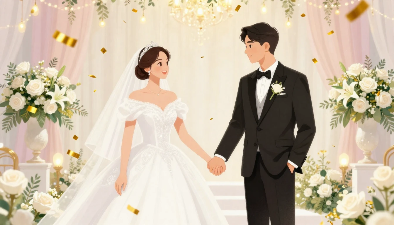 A romantic and festive illustration of a wedding celebration...