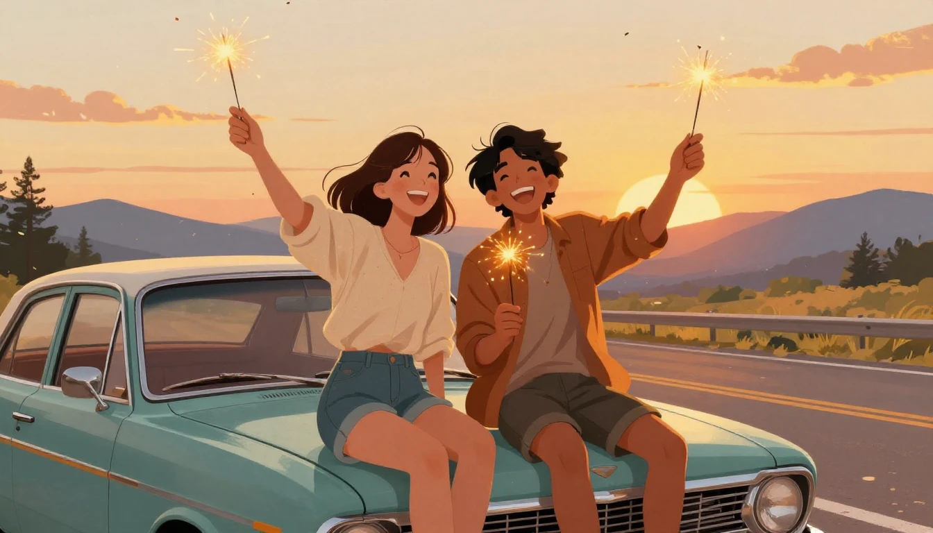 A nostalgic and warm illustration of two best friends sittin...