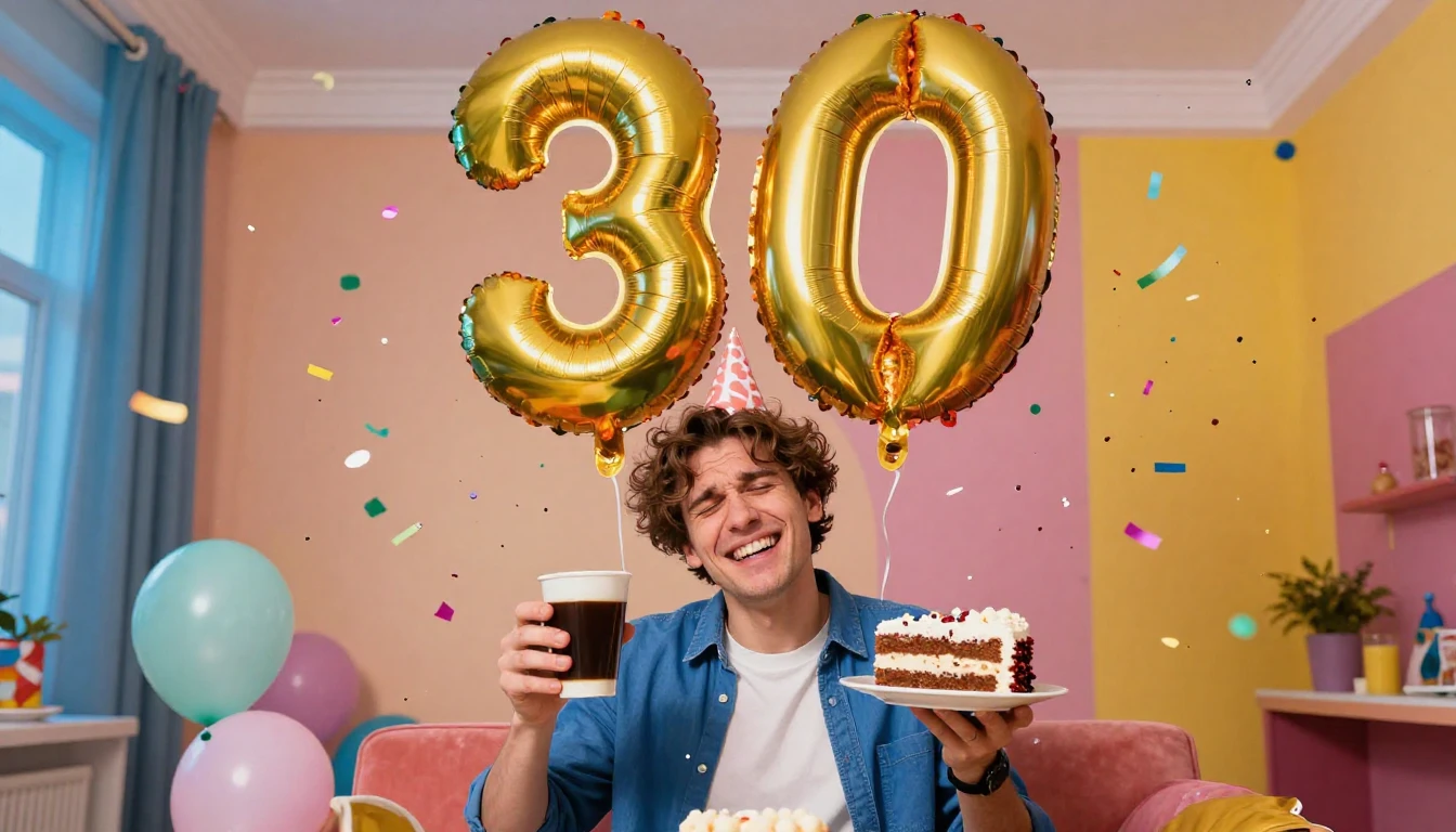 A funny and vibrant birthday party scene. A large, bright 30...