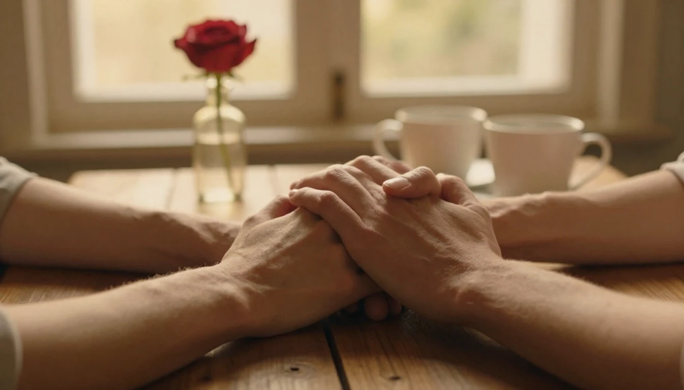 A close-up, cinematic shot of two hands gently intertwined r...