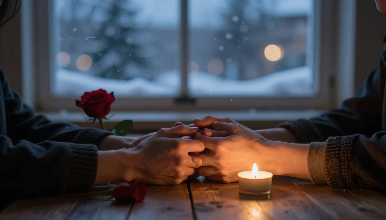 A romantic close-up scene at twilight. Two hands holding eac...