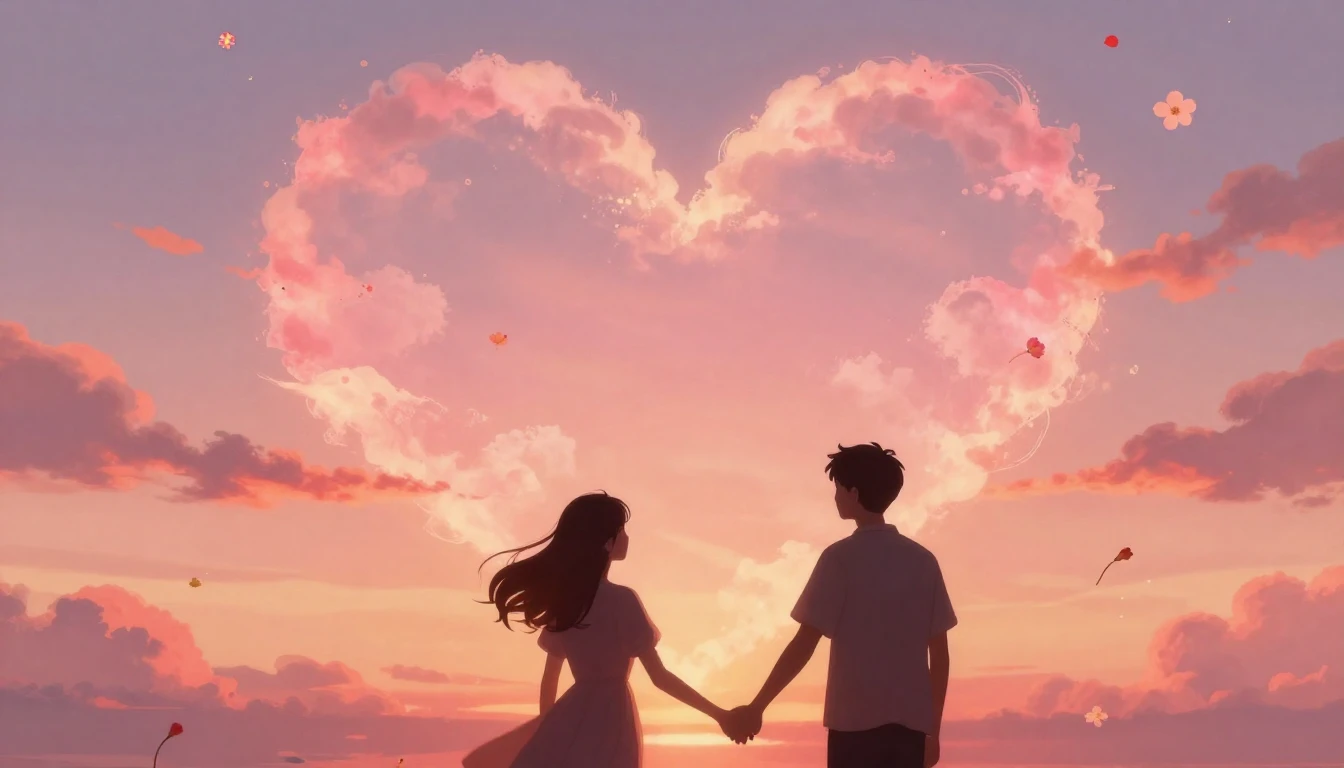 A romantic and dreamy illustration of two silhouettes holdin...