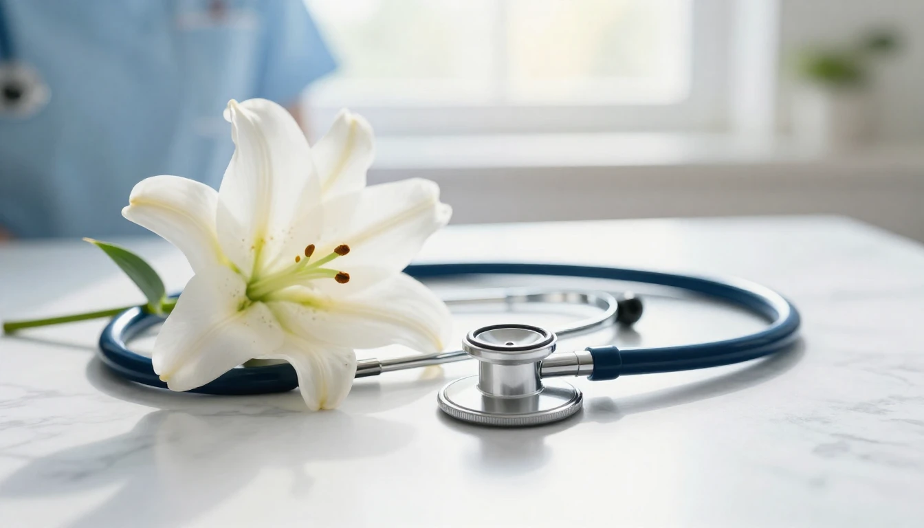 A serene and uplifting scene featuring a stylized stethoscop...