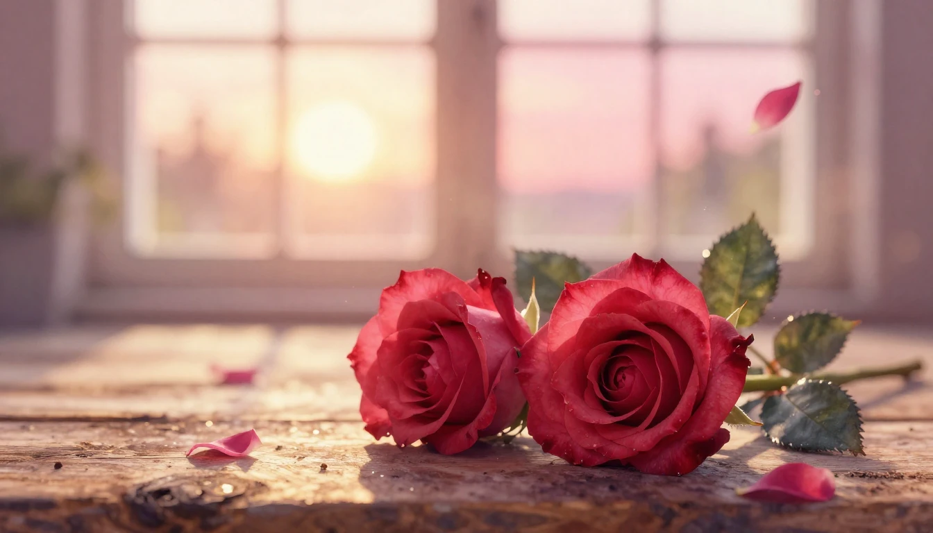 A soft watercolor painting of two delicate red roses intertw...