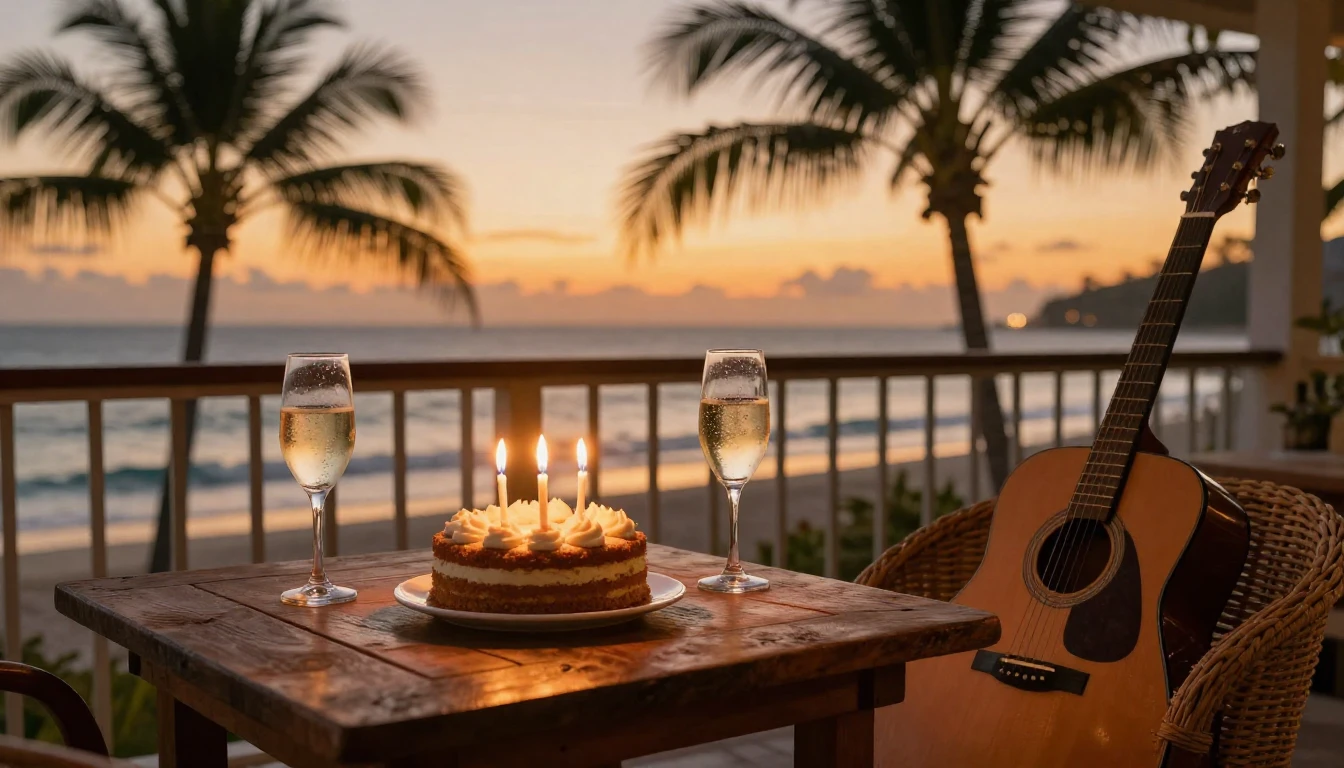 A warm and inviting birthday scene set on a balcony overlook...