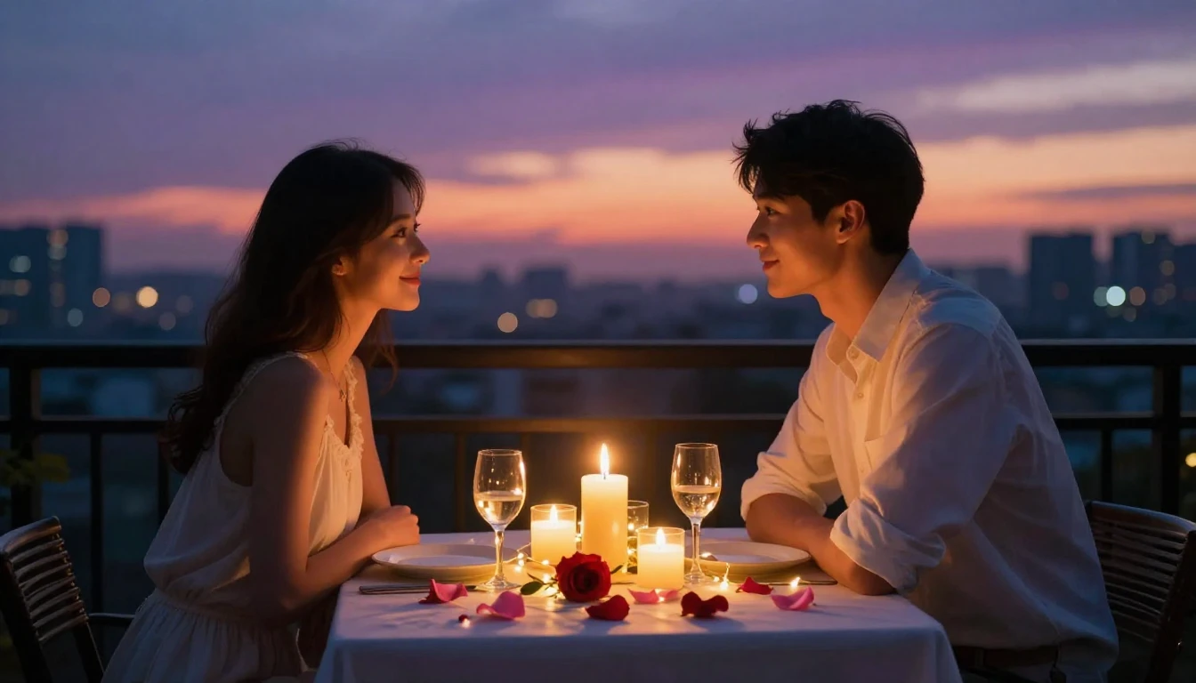 A dreamy and romantic scene of a candlelit table set for two...