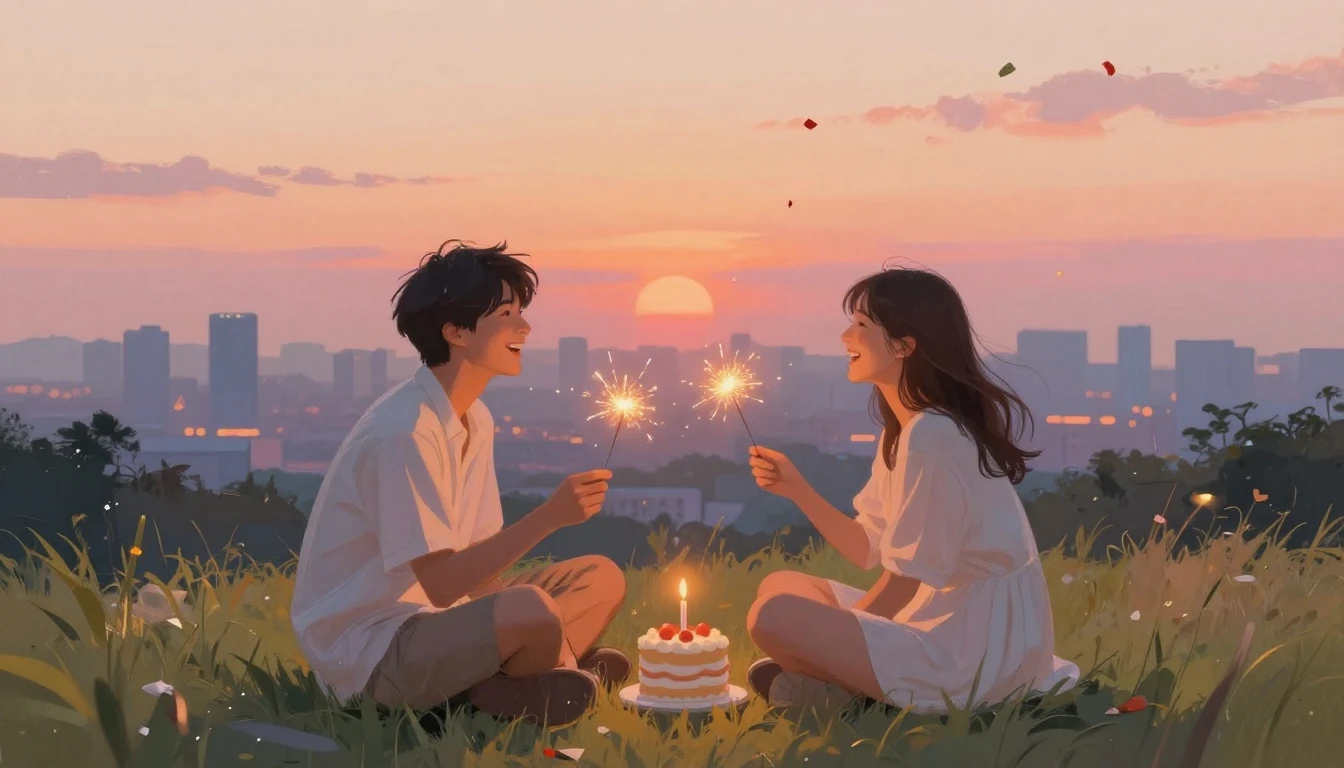 Two best friends sitting side by side on a grassy hill overl...