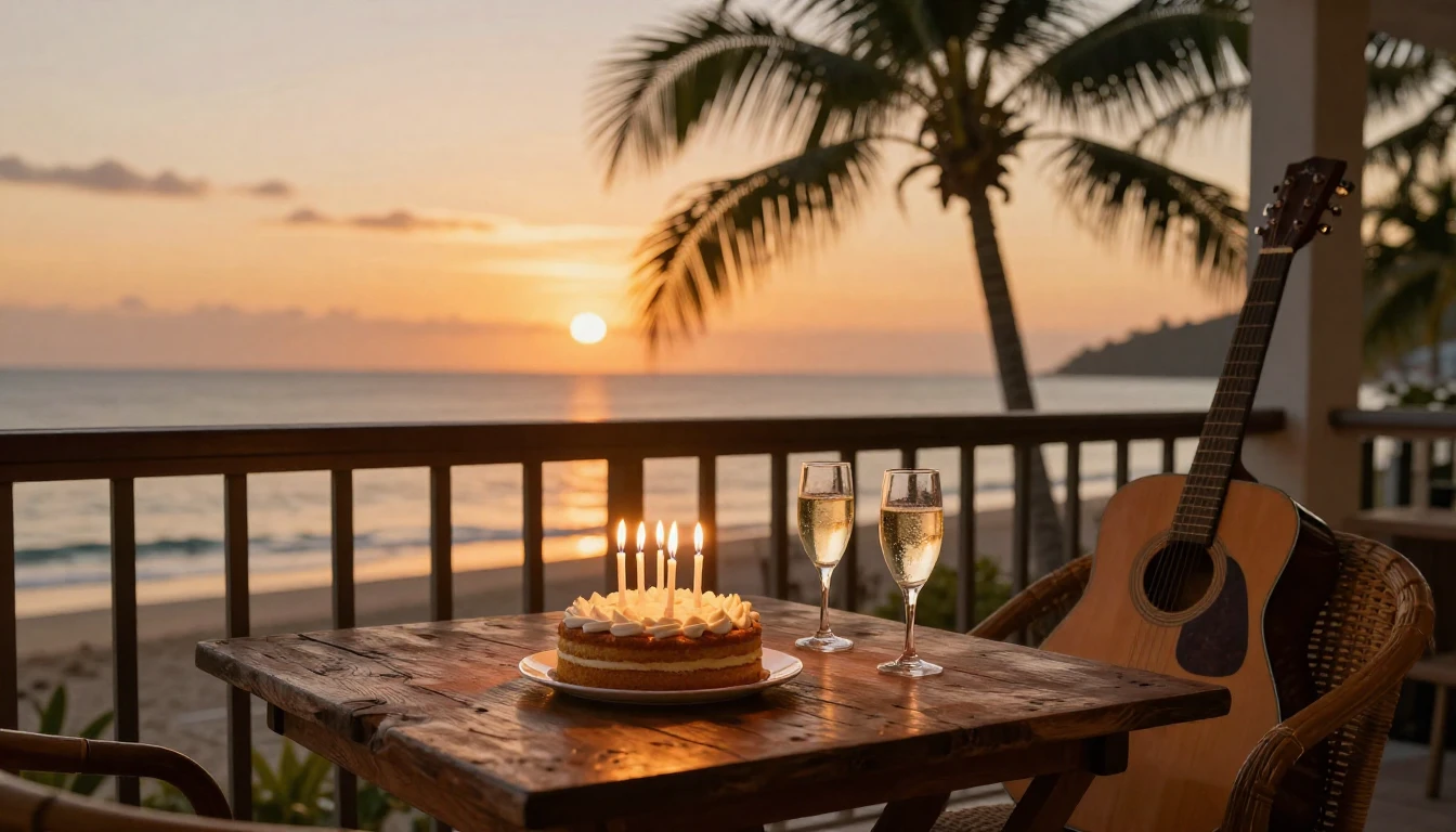 A warm and inviting birthday scene set on a balcony overlook...